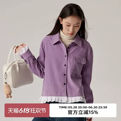 omont蛋挞家 复古荷叶边下摆正肩长袖衬衫冬季短款磨毛衬衣女商品大图