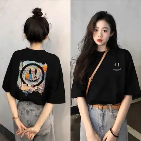 纯棉笑脸印花短袖t恤2025新款小个子黑色韩版宽松显瘦半袖上衣服商品大图