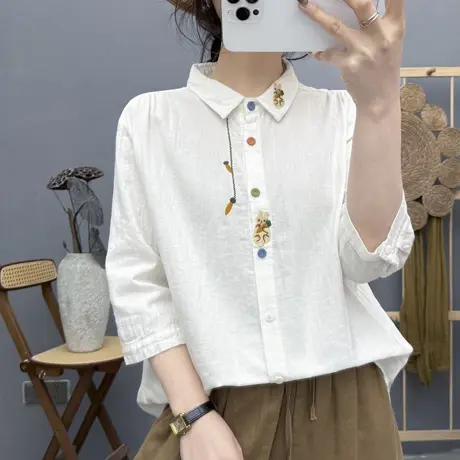 夏季文艺小清新刺绣彩扣正肩双层棉纱中袖白衬衫女宽松七分袖上衣商品大图