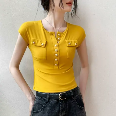 法式纽扣半开领短袖T恤女2025夏季新款修身口袋高级气质女士上衣商品大图