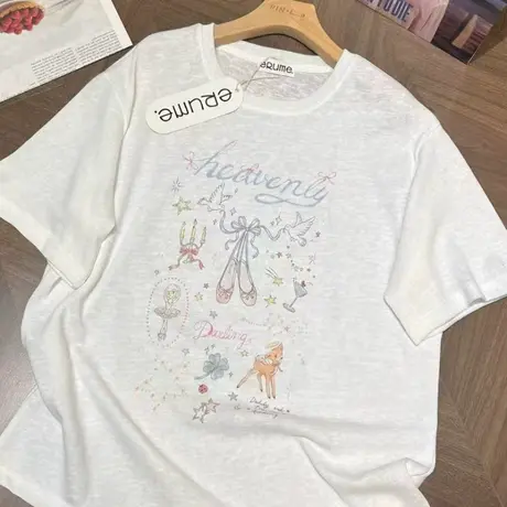 韩国东大门卡通印花凉感雪花棉短袖女透气休闲百搭宽松甜美T恤夏商品大图