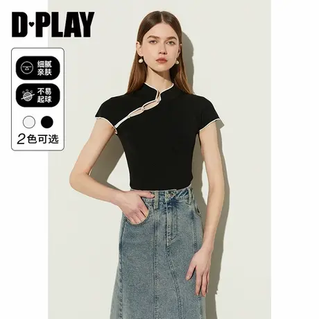 DPLAY夏新中式黑色气质国风斜扣镂空立领针织短袖背心T恤女图片