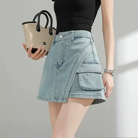 复古口袋牛仔裤裙女夏季薄款高腰大码A字工装短裤包臀裙直筒热裤商品大图