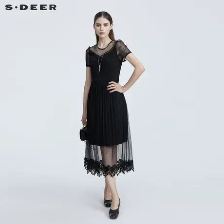 sdeer圣迪奥夏优雅圆领波点肌理网纱短袖连衣裙S21261216图片