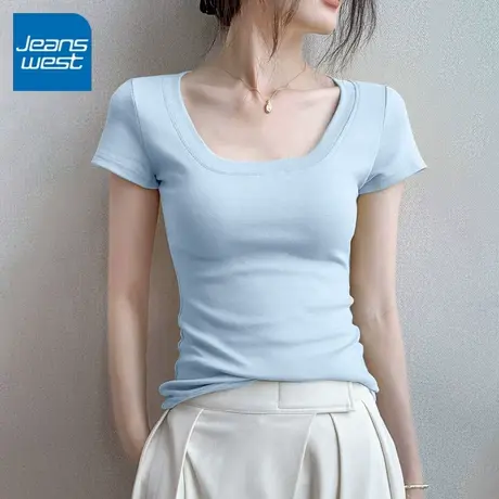 KV真维斯短袖t恤女2025新款夏季 薄款蓝色方领紧身修身显瘦上衣女图片