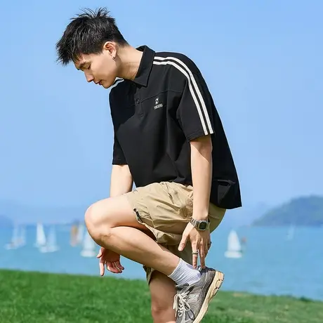 唐狮夏季新款男短袖Polo衫条纹拼接翻领上衣青少年运动T恤潮官方图片