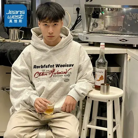 G2真维斯男装2025春季新款男款宽松外穿休闲潮流英文印花连帽卫衣商品大图