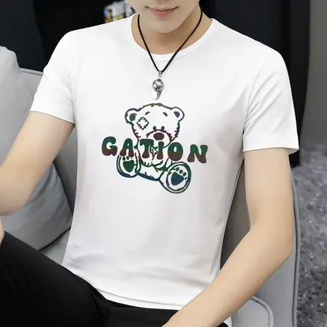 莫代尔白色t恤男士短袖夏装上衣服冰丝凉感半袖潮牌小熊印花体恤商品大图