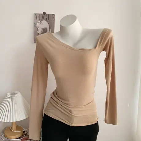 黑色露肩长袖T恤上衣气质辣妹风2023年秋季纯欲修身显瘦打底衫商品大图