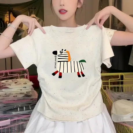 2025新款夏季圆领正肩褶皱收腰短袖t恤女甜妹风彩虹波点洋气上衣商品大图