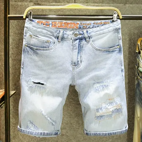 2025新款浅色百搭潮流牛仔短裤男潮牌刮烂乞丐中裤针缝破洞五分裤图片