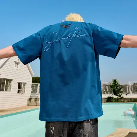 Nuthink刺绣字母短袖T恤潮牌美式复古半袖男女重磅宽松2025新款夏图片