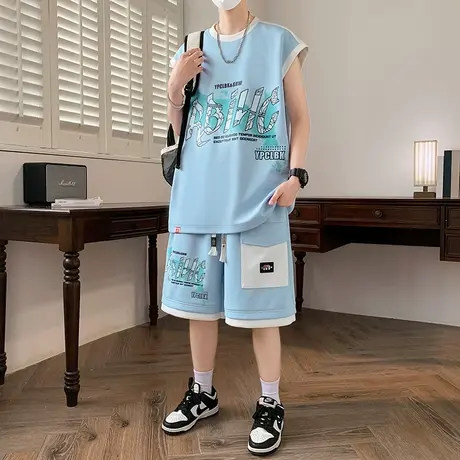 休闲运动套装男夏季潮牌印花短袖t恤男酷帅穿搭无袖坎肩一套搭配图片