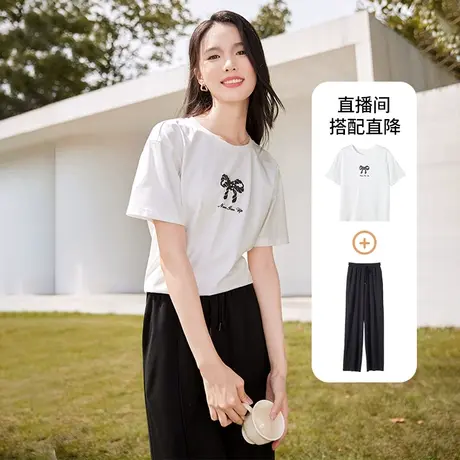 香影白色短袖t恤女纯棉2024春季新款休闲宽松圆领蝴蝶结印花上衣图片