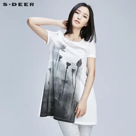 sdeer圣迪奥抽象晕染印花肌理感短袖T恤中长款打底上衣S16280107图片