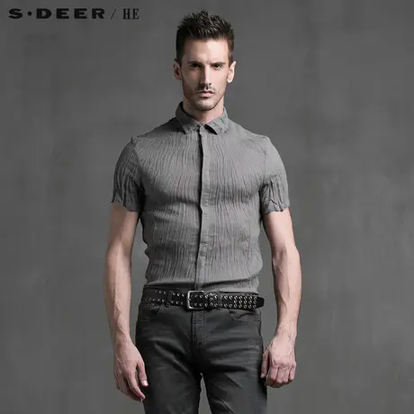 S.Deer/He【惠】圣迪奥专柜纯色抓皱棉麻男士短袖衬衫H15270450图片