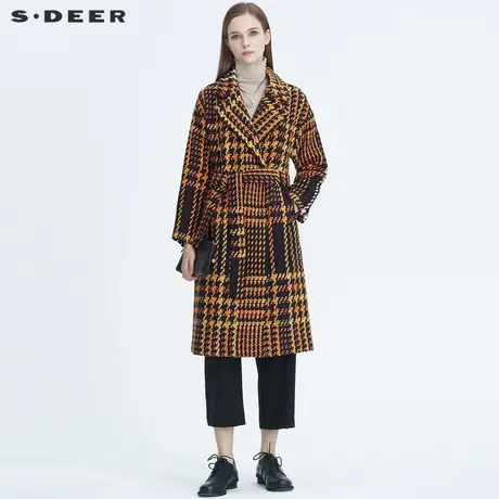 sdeer圣迪奥女装西装领复古格纹收腰中长款毛呢大衣S20461821图片