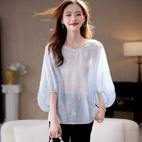 宝诗黎灯笼袖刺绣镂空衬衫2025夏季韩系时尚洋气减龄宽松衬衣女图片