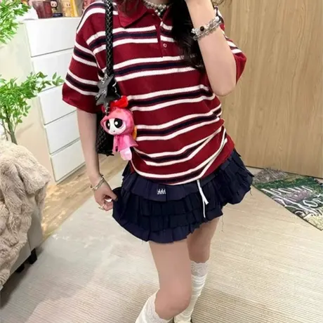日系复古条纹正肩短袖t恤女夏季设计感小众polo领针织衫冰丝上衣图片