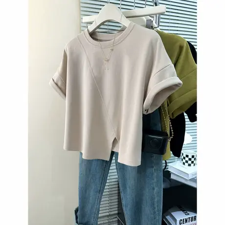 短款正肩T恤女短袖夏季百搭宽松纯棉打底衫不规则下摆开叉上衣服图片