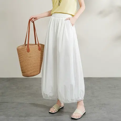 2025夏季新款白色薄款休闲女裤镂空花边灯笼裤洋气阔腿裤子气球裤商品大图