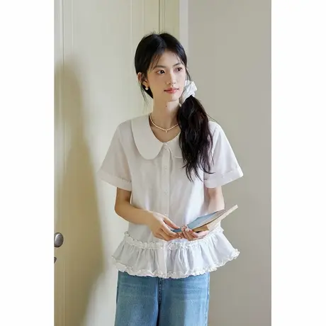 弥古白色娃娃领衬衣女夏高级感减龄短袖衬衫2025新款宽松法式上衣商品大图