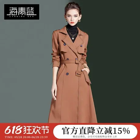 海青蓝秋冬季新款时尚欧美风百搭风衣女中长款修身外套小个子商品大图
