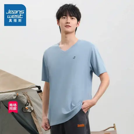 JW真维斯新款时尚V领短袖男装T恤套头衫百搭男士舒适衣服上衣潮商品大图