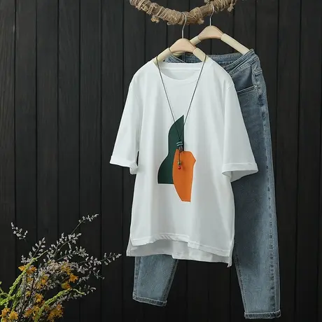 文艺印花短袖T恤女夏季2022新品圆领套头宽松打底衫显瘦半袖上衣图片