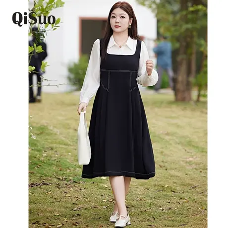 2024年秋装新款气质V领假两件套长袖修身显瘦大码胖MM长款连衣裙商品大图