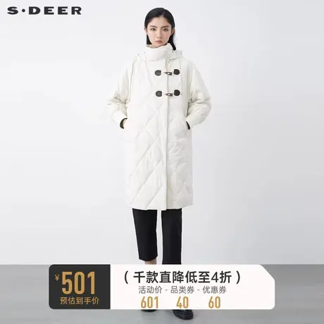 sdeer圣迪奥冬学院风高领连帽牛角扣长款白色羽绒服S21462441👕商品大图