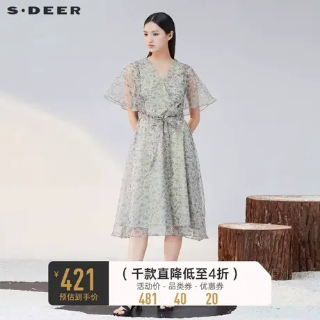 sdeer圣迪奥女装V领收腰碎花泡泡袖连衣裙S223Z123N🙀商品大图