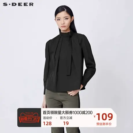 sdeer圣迪奥女装时尚立领压褶不规则黑色长袖衬衫S21460513👊商品大图