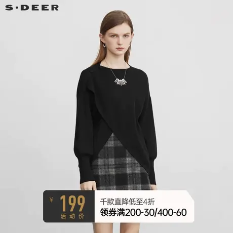 sdeer圣迪奥女装时尚圆领交叉长袖黑色针织衫S221Z3517🎌商品大图