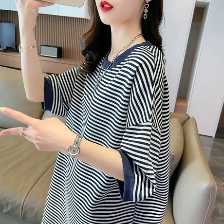 设计感小众短袖t恤女夏季韩版宽松大码女装中长款条纹休闲上衣服图片