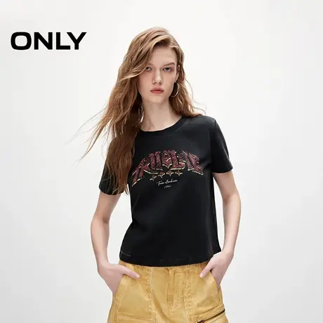 ONLY奥莱复古潮酷水洗纯棉字母圆领正肩T恤女图片