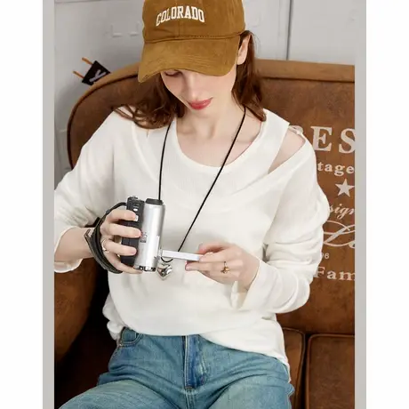 a02【春日浪漫】春夏款叠穿漏肩假两件简约女式宽松针织衫潮商品大图