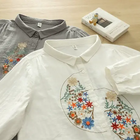 夏季韩版文艺双层棉纱刺绣花朵中袖衬衫女宽松休闲百搭五分袖上衣商品大图