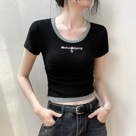 假两件短袖T恤女2025夏季修身显瘦字母印花撞色拼接圆领正肩上衣图片