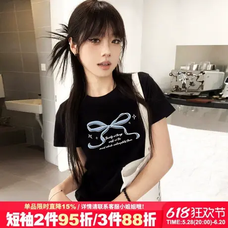 夏季新款韩系简约风蝴蝶结印花黑色短款t恤女宽松显瘦半袖上衣潮商品大图