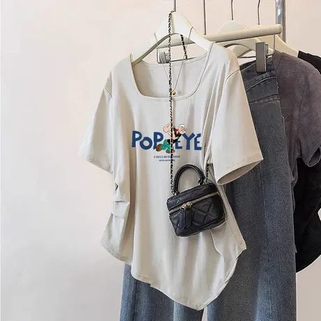 高级感方领T恤女夏季韩版chic大码休闲风上衣ins潮不规则收腰短袖商品大图