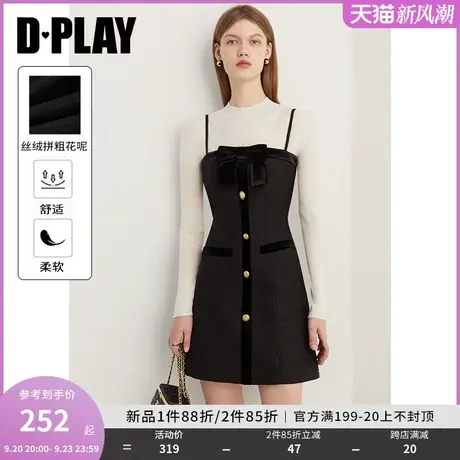 DPLAY2023冬轻奢名媛黑色丝绒拼接蝴蝶结粗花呢吊带连衣裙小黑裙商品大图