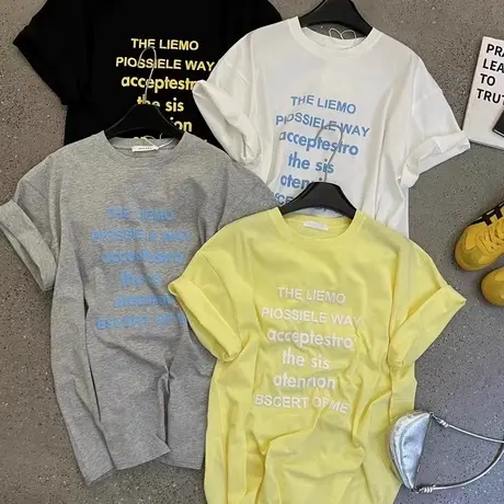 韩国东大门2025夏季新款时尚圆领休闲宽松百搭字母印花短袖T恤女商品大图