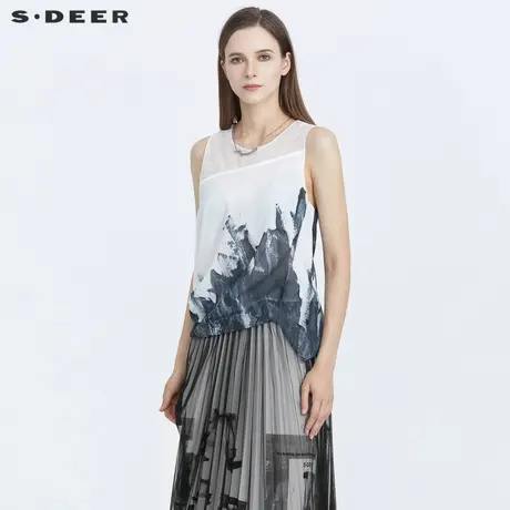 sdeer圣迪奥女夏文艺圆领水墨晕染拼接无袖衬衫S21280604图片