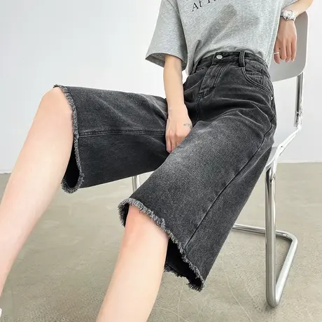 黑灰色五分牛仔短裤女夏季薄款高腰宽松直筒小个子毛边阔腿中裤子商品大图