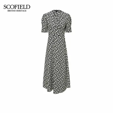 【含棉】Scofield女装气质几何印花连衣裙斜门襟系带2025秋季新品图片