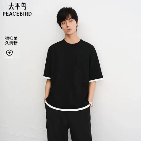 【商场同款】太平鸟男装华夫格抑菌拼接撞色T恤刺绣短袖B2CNF3207商品大图