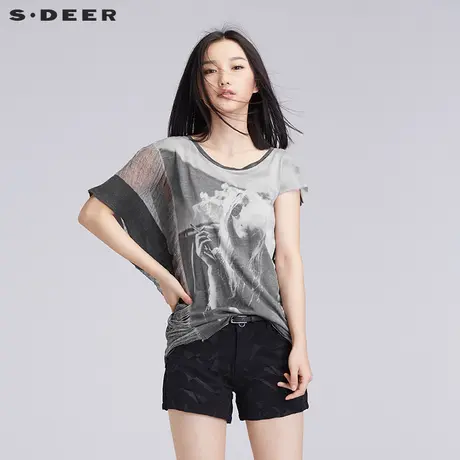 sdeer圣迪奥女做旧抽象复古印花拼接不对称设计上衣T恤S16280189图片