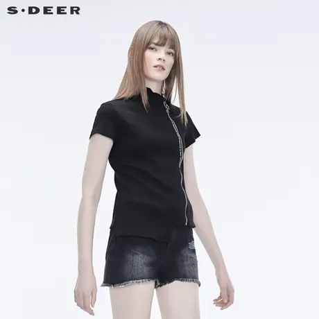 sdeer圣迪奥夏季个性前卫撞色字母不规则摆修身显瘦T恤S19280156图片