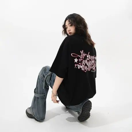 YEP复古黑色印花纯棉短袖t恤女夏季2025新款爆款宽松oversize上衣商品大图